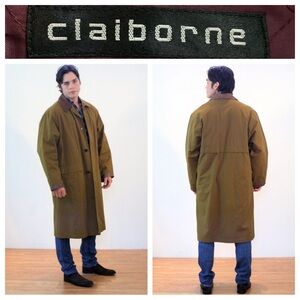 90s VTG Claiborne Mens Trench Raincoat Overcoat Brushed Cotton Faux Leather Trim